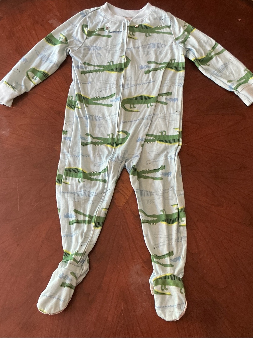 Kids Footed One Piece Pajamas - Light Blue with Green Crocodile Print